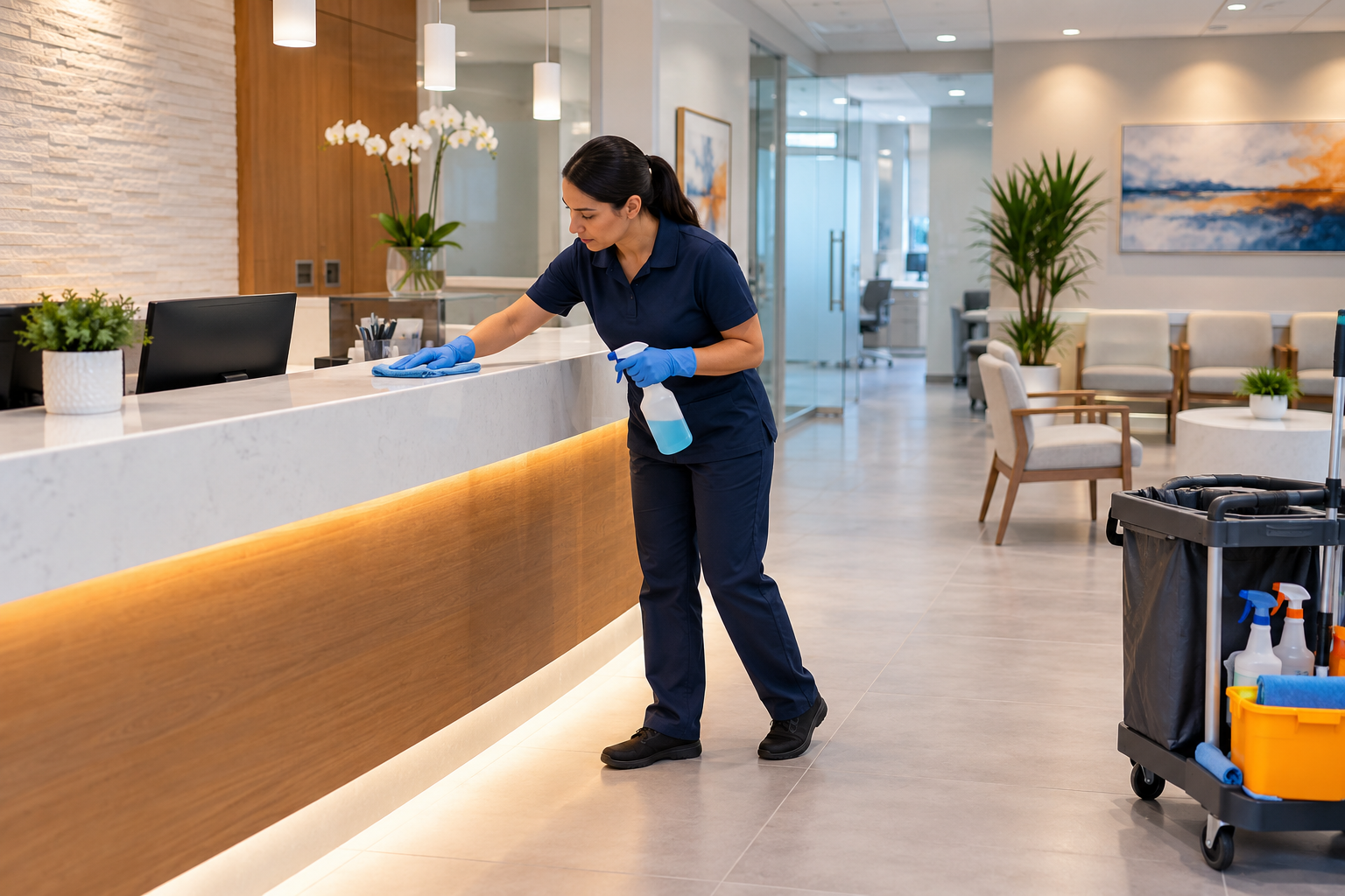 Commercial cleaning professional servicing a modern reception area